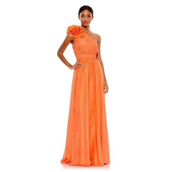 MAC DUGGAL 49536 Metallic Polka Dot Ruffled One Shoulder Gown Tangerine 2 NEW - Picture 1 of 9